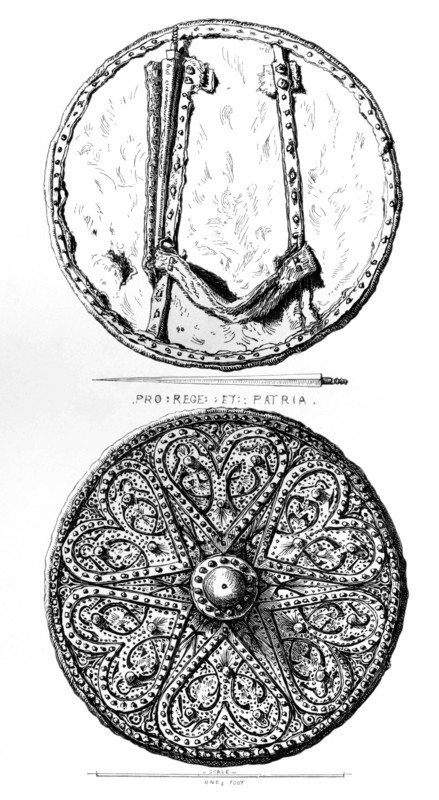 Highland Target or Targe. a medium-sized shield of the late Middle Ages or Early Modern period. with spikes. from the book The British Army. 1868. Historical. digitally restored reproduction from a 19th-century original