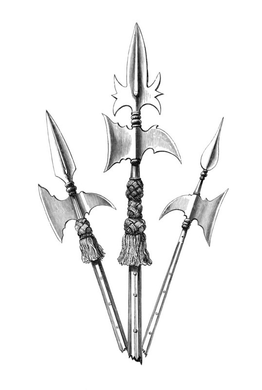 Spontons. a half-pike in the style of a halberd. were used by infantry officers alongside the sword as a parade weapon until the beginning of the 19th century. From the book The British Army. 1868. Historical. digitally restored reproduction from a 19th-century model