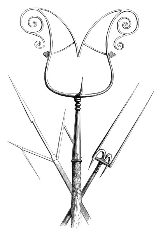 mast in the middle and military forks on both sides. from the book The British Army. 1868. Historical. digitally restored reproduction from a 19th-century original