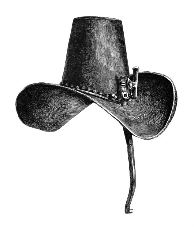 A 17th-century iron hat with a nose guard. worn by Charles I. from the book *The British Army*. 1868. Historical. digitally restored reproduction from a 19th-century original