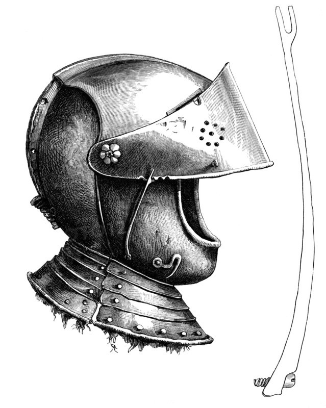 Visor helmet from around 1643. The piece on the side is the full-size visor support. which is used to hold the visor at different angles depending on the notch used. From the book The British Army. 1868. Historical. digitally restored reproduction from a 19th-century original