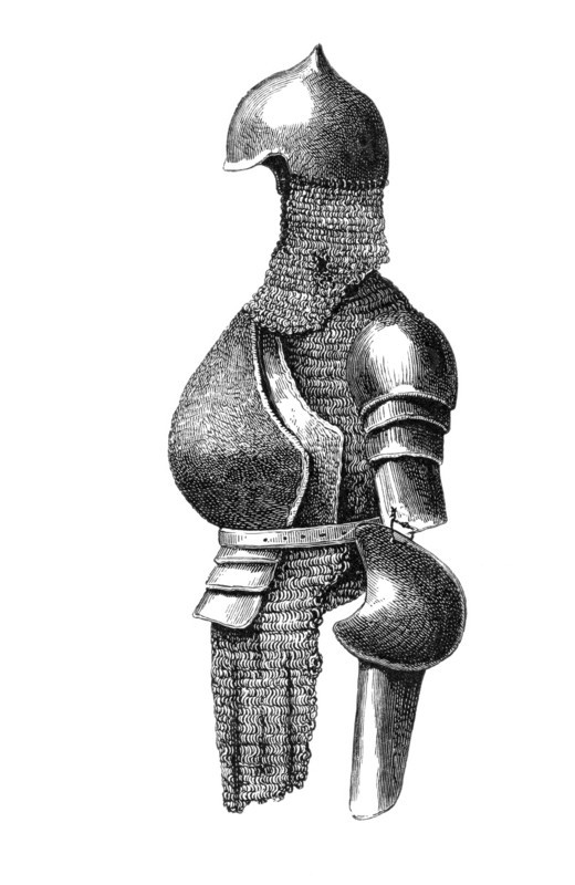 Spherical breastplate with backpiece. half-brassards. and chain. from the first half of the 16th century. from the book The British Army. 1868. Historical. digitally restored reproduction from a 19th-century original
