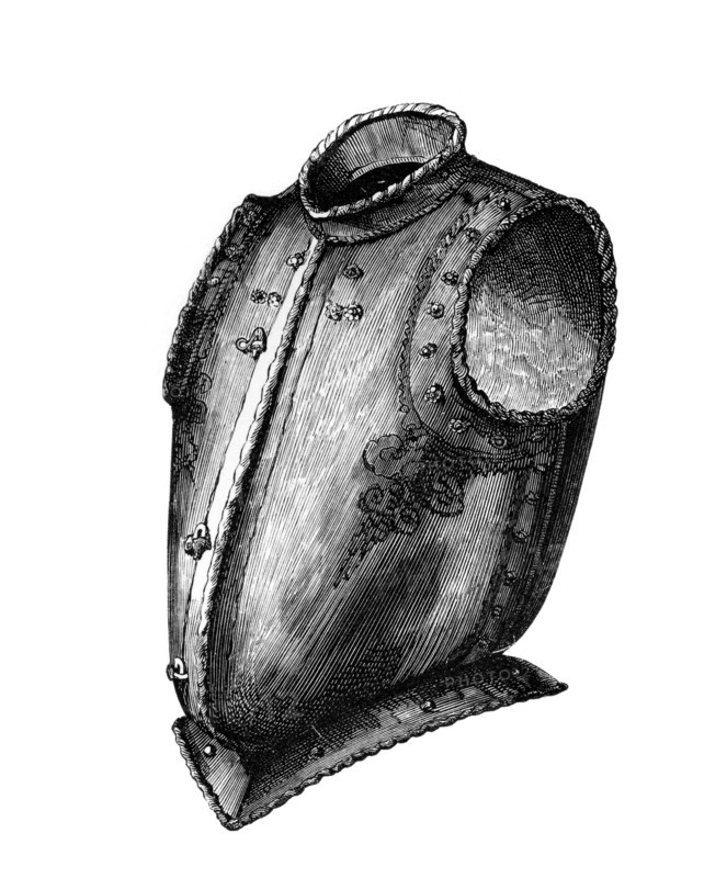 Back and breastplate. opening at the front. known as a vest breastplate. circa 1580. from the book The British Army. 1868. Historical. digitally restored reproduction from a 19th-century original