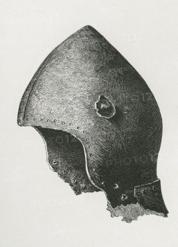 Bassinet with screw cap for the ventail. said to have belonged to Guy Earl of Warwick. around 1460. from the book The British Army. 1868. Historical. digitally restored reproduction from a 19th-century original