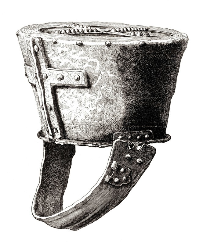 Helmet. from Pomeroy Castle. England. from the 12th century. from the book The British Army. 1868. Historical. digitally restored reproduction from a 19th-century original