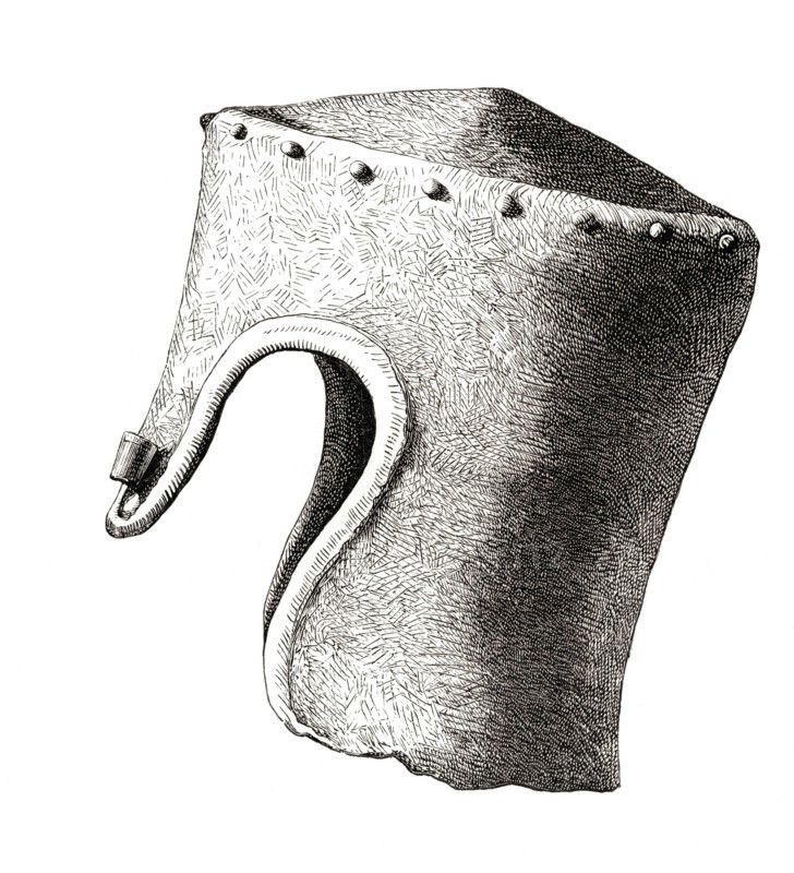 Cylindrical helmet with a flat top and nose from the thirteenth century. excavated at Montgomery Castle in 1841. from the book The British Army. 1868. Historical. digitally restored reproduction from a 19th-century original