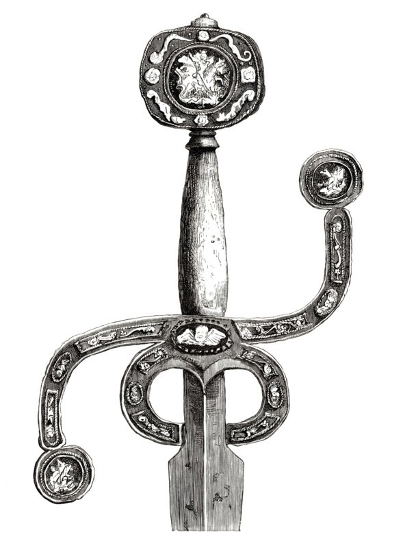 An English sword. circa 1580. with a very rare flat pommel and curved S-shaped grip. inlaid with silver. The pommel and the ends of the grip are inlaid with silver medallions depicting Saint George and the Dragon. From the book *The British Army*. 1868. Historical. digitally restored reproduction from a 19th-century original