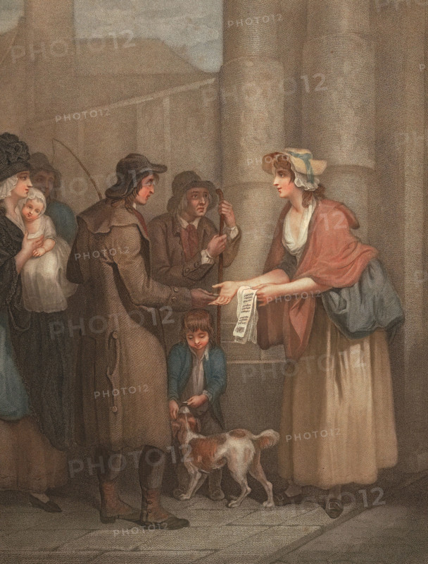 A new love song. only half a penny each. Young woman selling song lyrics and poems to men. England. circa 1790. painting by Francis Wheatley (born 1747–1801). English painter. historical. digitally restored reproduction from a 19th-century original