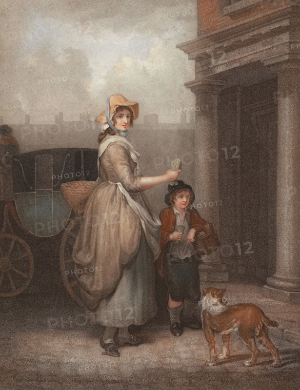 Young woman selling matches. traveling from door to door with her boy and a dog. matches. England. around 1790. painting by Francis Wheatley (1747-1801). English painter. historical. digitally restored reproduction from an original from the 19th century