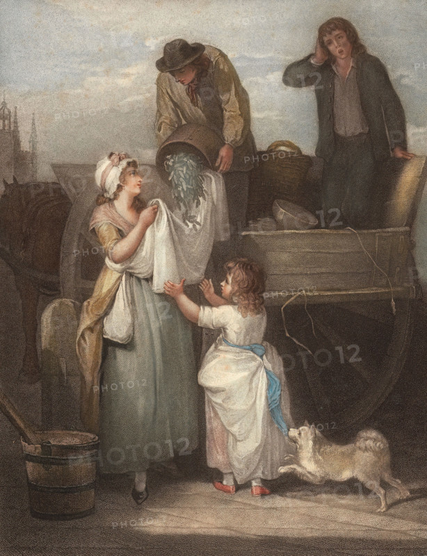 Freshly harvested peas are sold from a cart and filled into a cloth. woman with child as customer. England. around 1790. painting by Francis Wheatley (1747 - 1801). English painter. historical. digitally restored reproduction from an original from the 19th century