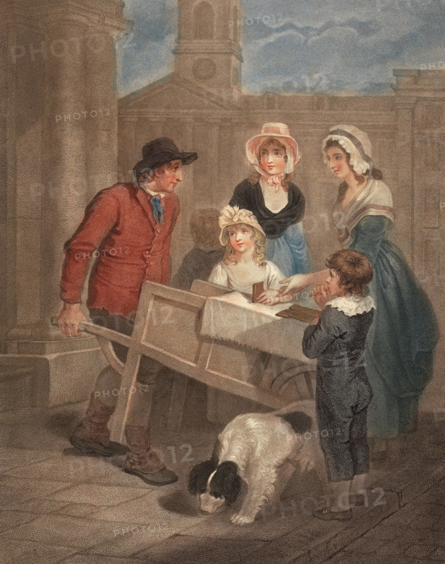 Hot gingerbread is sold by a baker directly from his cart. Two women and two children sample the gingerbread. England. circa 1790. Painting by Francis Wheatley (1747–1801). English painter. Historical. digitally restored reproduction from a 19th-century original