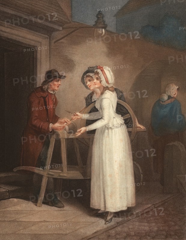 Knives. scissors. and razors for sharpening. scissors grinder. knife grinder with whetstone. two women bringing scissors for processing. England. around 1790. painting by Francis Wheatley (1747–1801). English painter. historical. digitally restored reproduction from an original from the 19th century