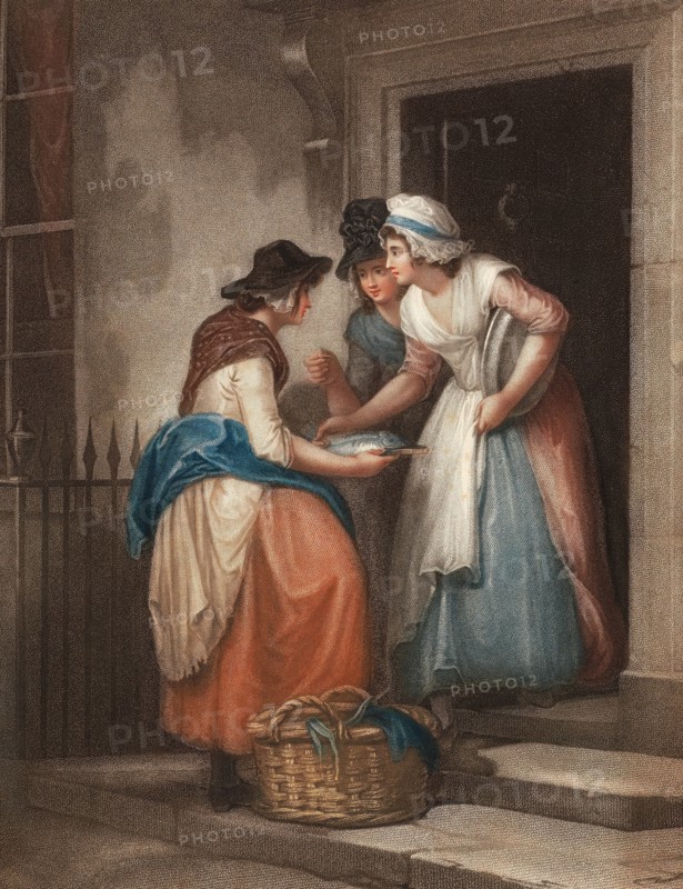 Fresh mackerel. fishmonger offering her wares at the front door. two customers buying the fish. England. around 1790. painting by Francis Wheatley (1747-1801). English painter. historical. digitally restored reproduction from an original from the 19th century