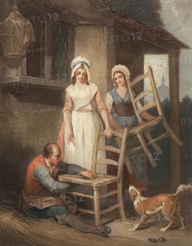Old chairs for repair. chair weaver repairing the seat of a chair. a woman bringing another chair. England. around 1790. painting by Francis Wheatley (1747 - 1801). English painter. historical. digitally restored reproduction from an original from the 19th century