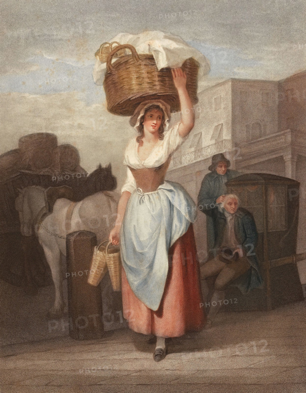 Young woman. trader with a large basket on her head. on her way to the market. England. around 1790. painting by Francis Wheatley (1747 - 1801). English painter. historical. digitally restored reproduction from an original from the 19th century