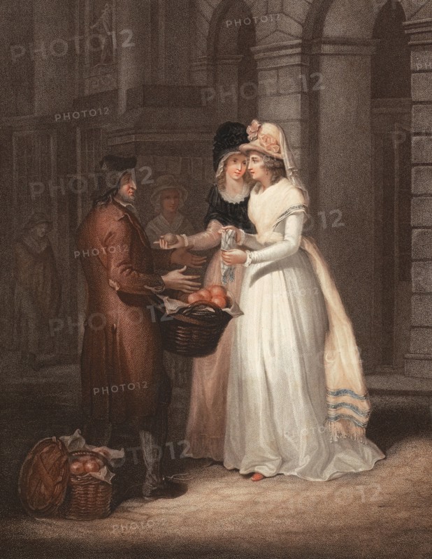 An orange seller offers his fruit to two elegant young ladies. England. around 1790. painting by Francis Wheatley (1747 - 1801). English painter. historical. digitally restored reproduction from an original from the 19th century