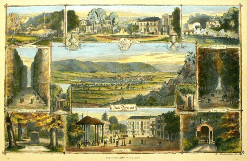 View of Bad Pyrmont around 1850. Historic. Lower Saxony. Germany. digitally restored reproduction from a 19th-century original