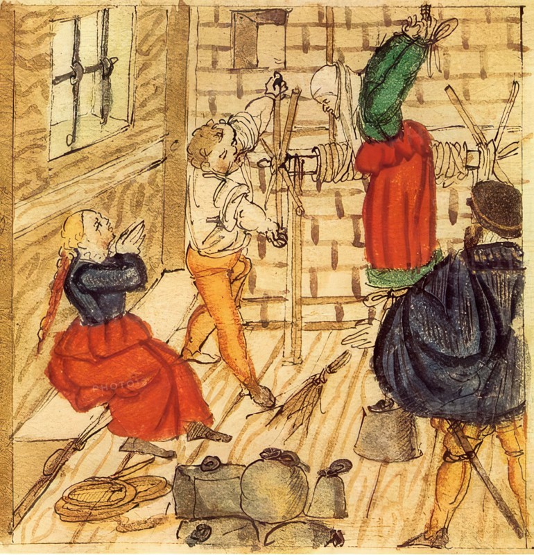 Torture of the wife and daughter of a wagon driver in Mellingen. 1577. historical. digitally restored reproduction from a 19th-century original