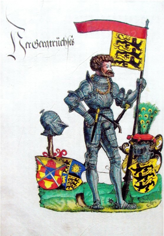 George III Truchseß von Waldburg (born 25 January 1488 in Waldsee. died 29 May 1531 in Stuttgart) was a German military leader. also known as Bauernjörg. and the most famous representative of the House of Waldburg in the 16th century. here in a colored woodcut by Hans Burgkmair the Elder. historical. digitally restored reproduction from a 19th-century original