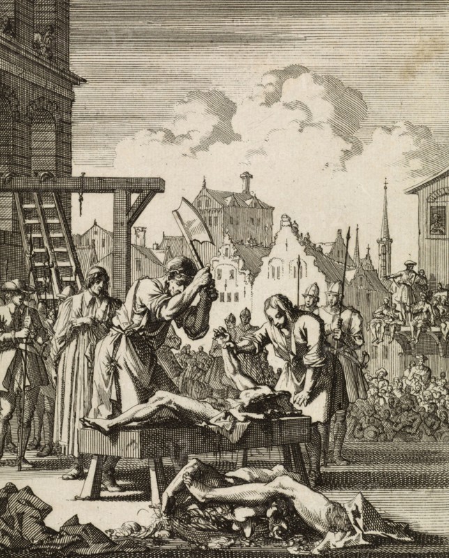 Execution of Sir Thomas Armstrong (born c. 1633 in Nijmegen. died June 20. 1684 in London). English officer and politician. sentenced to death by hanging. disemboweling. and quartering and executed on June 20. 1684. His head was impaled on Westminster Hall. three of his body parts were exhibited in London. and a fourth in Stafford. Historical. digitally restored reproduction from a 19th-century original