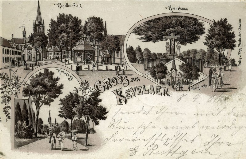 The town of Kevelaer on an old postcard. around 1900. North Rhine-Westphalia. Germany. Historical. digitally restored reproduction from an original from the 19th century