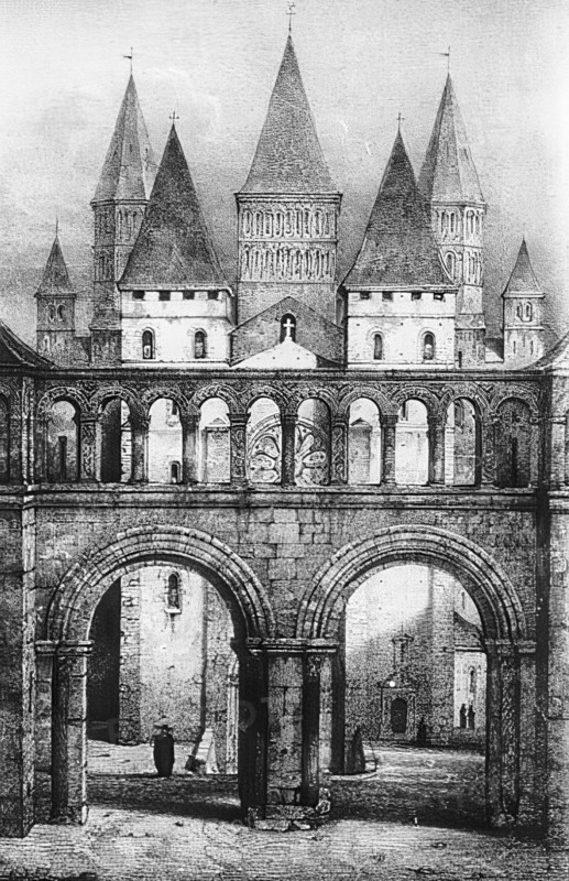 Entrance to the Abbey of Cluny in Burgundy. a former French Benedictine abbey. circa 1850. France. Historical. digitally restored reproduction from a 19th-century original