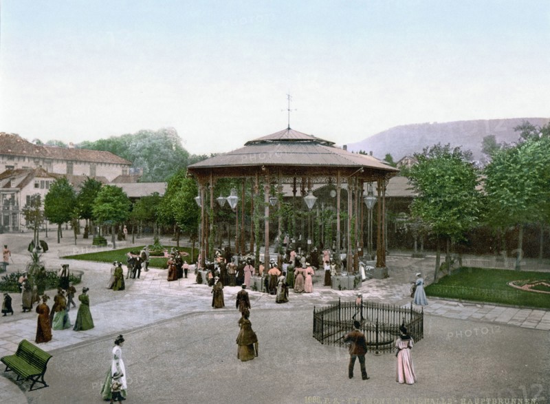 The healing spring in Bad Pyrmont in 1900. Lower Saxony. Germany. Historical. digitally restored reproduction from an original from the 19th century