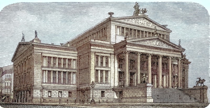 The Royal Theatre of Berlin. built by Schinkel. view from the Lustgarten. around 1895. Germany. digitally restored reproduction of an old original. historical. exact date unknown