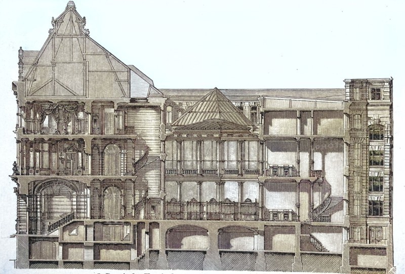 The Bayerische Vereinsbank in Munich. around 1880. diagonal section. Germany. digitally restored reproduction of an old original. historical. exact date unknown