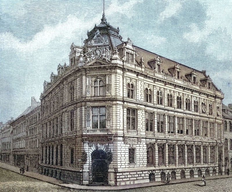 The Bayerische Vereinsbank in Munich. around 1880. Germany. digitally restored reproduction of an old original. historical. exact date unknown