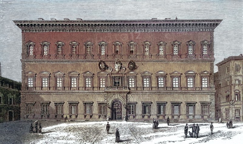 Palazzo Farnese. around 1850. in the Regola district on Piazza Farnese in Rome. Italy. digitally restored reproduction of an old original. historical. exact date unknown