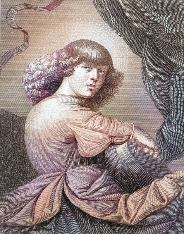 Angel playing a guitar. a boy with curly hair looks at the viewer. in a colorful robe. after a painting by Melozzo da Forli. digitally restored reproduction of an old original. historical. exact date unknown