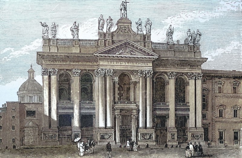 The Lateran Basilica around 1850. Italian Basilica San Giovanni in Laterano. is the cathedral of the Diocese of Rome. one of the seven pilgrimage churches and the highest-ranking of the four papal basilicas of Rome. Italy. digitally restored reproduction of an old original. historical. exact date unknown