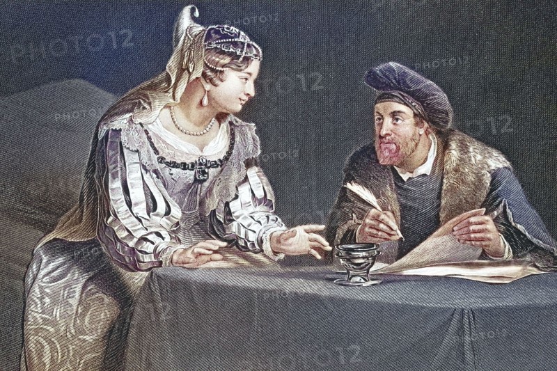 The legal hearing. a couple in historical clothing discussing a document. concentrated atmosphere. after a painting by Christoph Paudiss. digitally restored reproduction of an old original. historical. exact date unknown