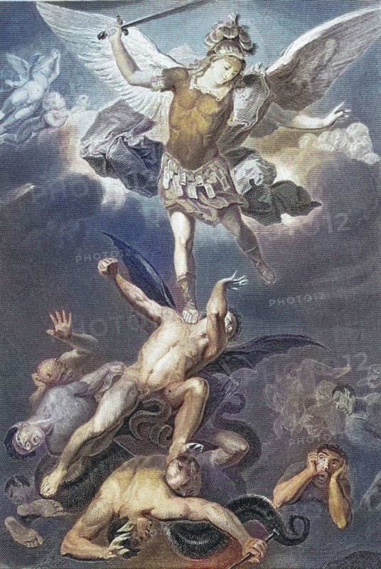 Satan's Fall. 1655. The Victory over Hell by Saint Michael. Dramatic depiction of an angel fighting with swords. dynamic scene. painting by Luca Giordano. digitally restored reproduction of an old original. Historical. exact date unknown