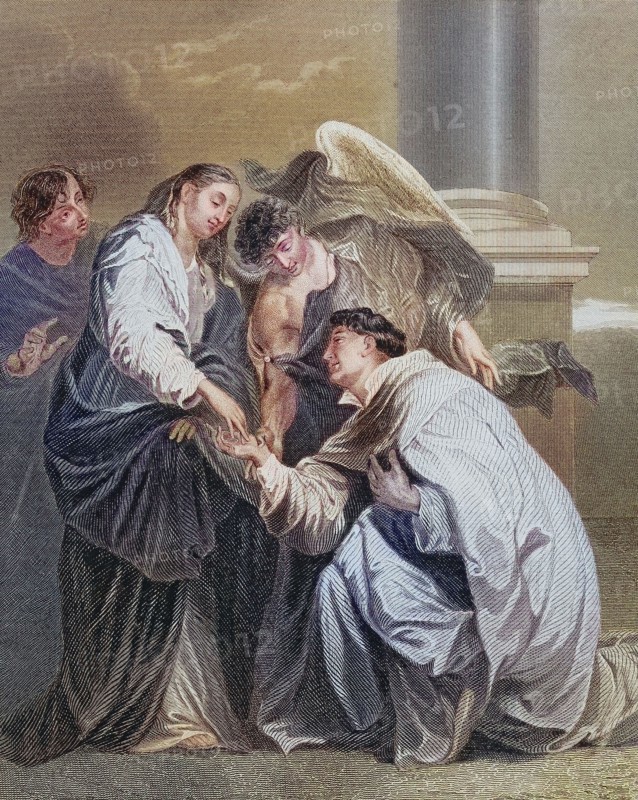 Mystic Hermann Joseph von Steinfeld (born around 1150 in Cologne. died April 7. 1241 or 1252 in Hoven Monastery near Zülpich) is a Catholic saint of the Premonstratensian Order. Vision of Blessed Hermann Joseph. 1630. after a painting by van Dyck. Emotional scene between angels and women. embrace in historical setting. digitally restored reproduction of an old original. Historical. exact date unknown.