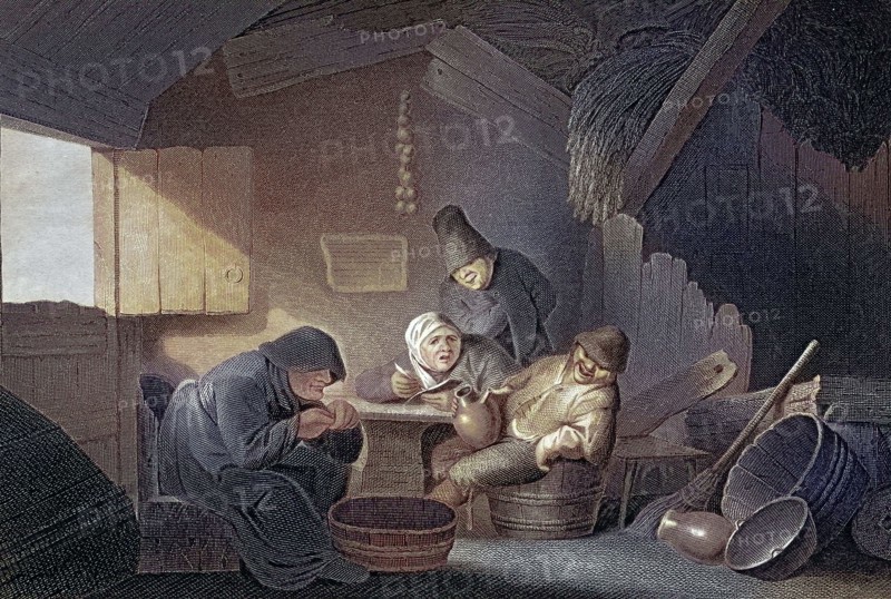 In the village tavern. a group of farmers gathered around a table in a rustic hut. play of light and shadow. after a painting by Adriaen van Ostade. digitally restored reproduction of an old original. historical. exact date unknown