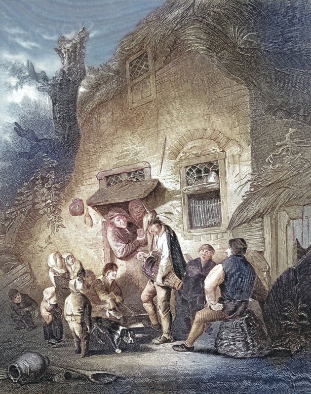 The organ grinder. barrel organ. scene at a farmhouse with several people in conversation and a dog in a rural setting. traveling musician. after a painting by Ostade. digitally restored reproduction of an old original. historical. exact date unknown
