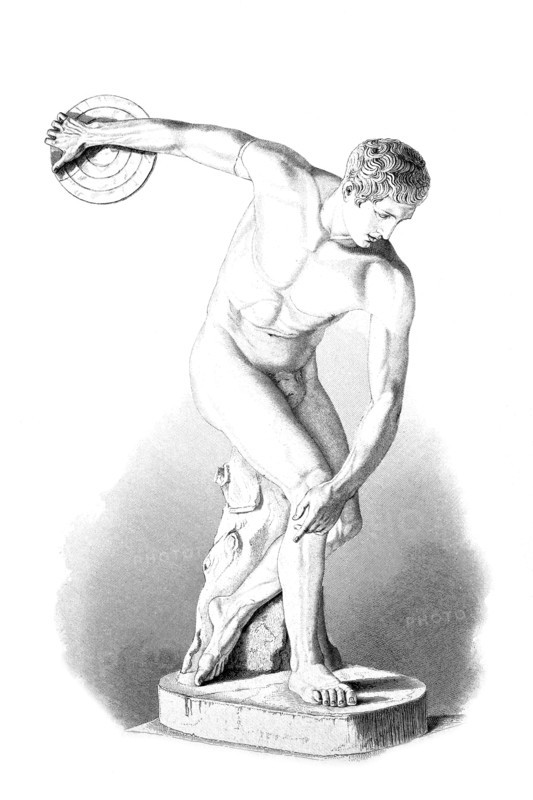 The Diskobolos. a discus thrower by the Greek bronze caster Myron. also known as the Diskobol of Myron. is one of the most famous Greek statues of all time. It presumably depicts a winner of the decathlon discipline of discus throwing. Digitally restored reproduction of an ancient model. Historical. exact date unknown.