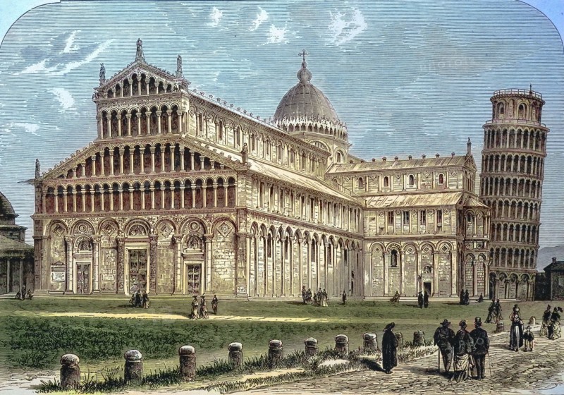 Pisa Cathedral and the Bell Tower. Leaning Tower. Tuscany. Italy. digitally restored reproduction of an old original. Historical. exact date unknown