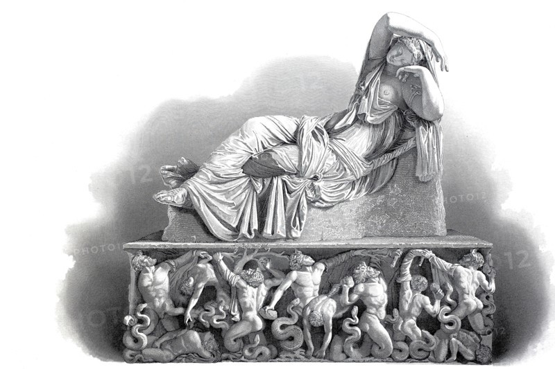 Ariadne. in Greek mythology the daughter of the Cretan king Minos and his wife Pasiphaë. a daughter of the sun god Helios. statue in the Vatican. Rome. Italy. digitally restored reproduction of an ancient model. historical. exact date unknown