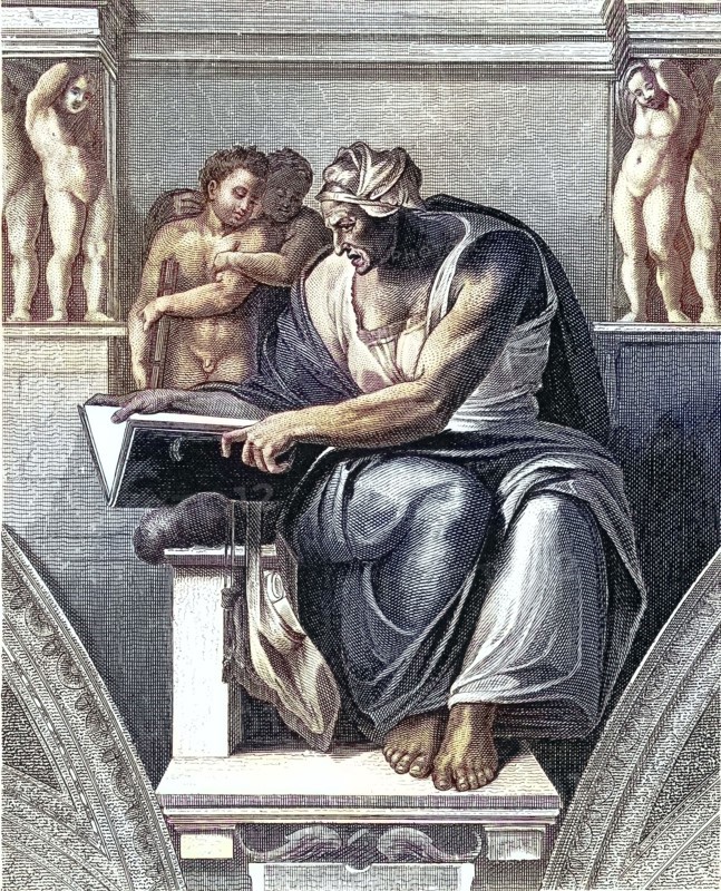 Sibylla Delphica. Sibyl of Delphi. depiction from the Sistine Chapel in the Vatican. Rome. Italy. digitally restored reproduction of an old original. historical. exact date unknown
