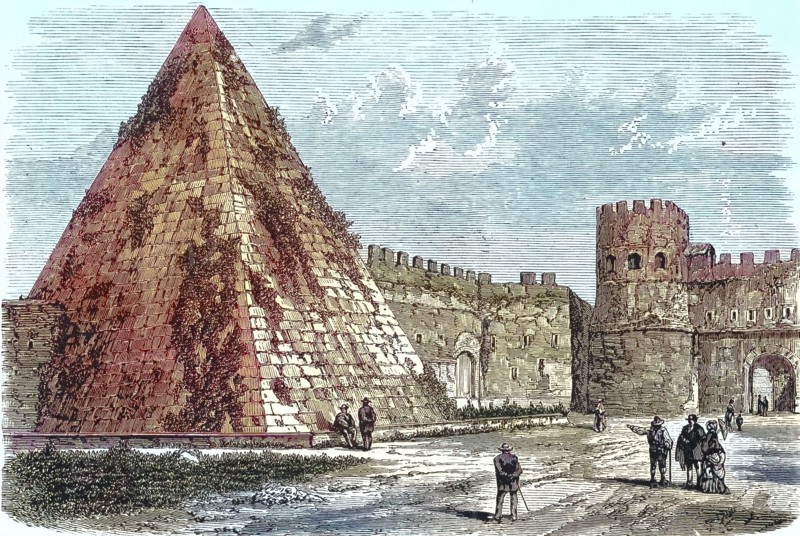 Pyramid of Cestius. Pyramid of Gaius Cestius. Piramide Cestia or Piramide di Caio Cestio. erected as a tomb of the Roman praetor and tribune Gaius Cestius Epulo (before 12 BC). Rome. Italy. digitally restored reproduction of an ancient model. historical. exact date unknown