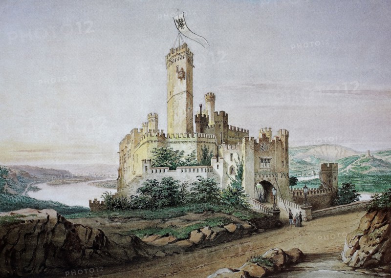 Stolzenfels Castle near Koblenz around 1845. Rhineland-Palatinate. Germany. digitally restored reproduction of an old original. historical. exact date unknown
