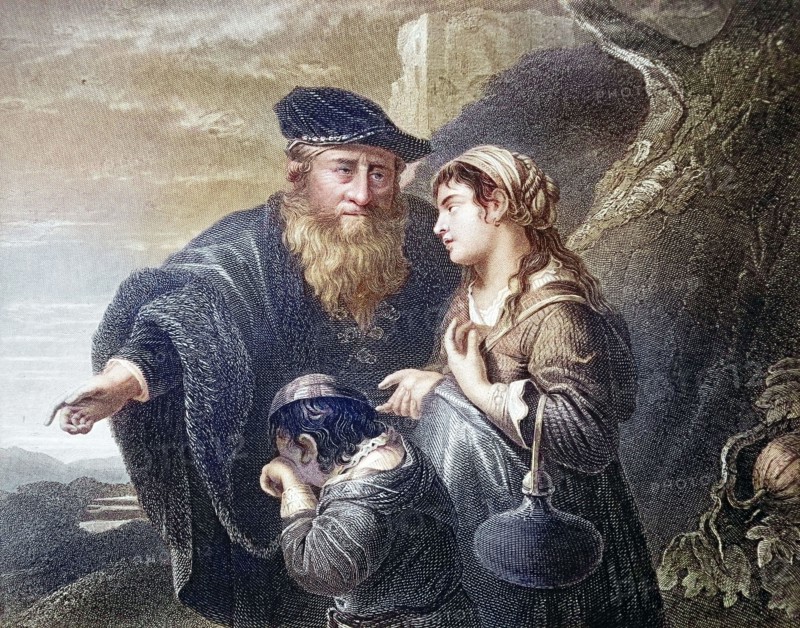 Abraham. according to the biblical book of Genesis. one of the three patriarchs of the people of Israel. and Hagar. in the Old Testament the Egyptian maid of Sarah. concubine of Abraham. after a painting by Govaert Flinck. digitally restored reproduction of an old original. historical. exact date unknown