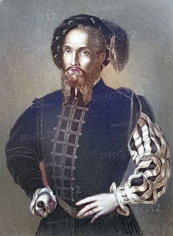 Cesare Borgia (born 13 September 1475 in Rome or Subiaco. died 12 March 1507 near Viana. Navarre). 1st Duke of Valentinois. il Valentino and Romagna. Prince of Andria and of Venafro. Count of Diois. Lord of Piombino. Camerino and Urbino. digitally restored reproduction of an old original. historical. exact date unknown