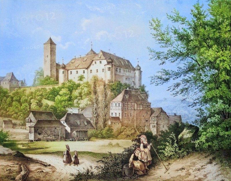 Aufsess Castle. Aufsess. Oberaufsess Castle. Oberaufsess. around 1850. Franconian Switzerland. Bayreuth district. Upper Franconia. Bavaria. Germany. digitally enhanced reproduction from a 19th-century original. colored. historical. exact date unknown