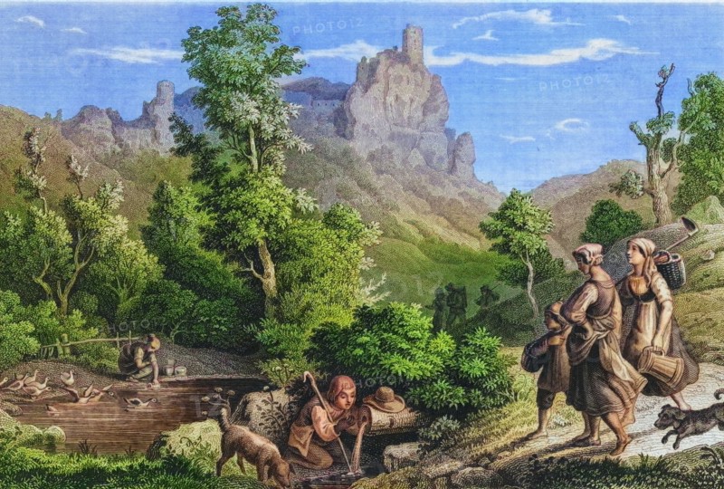 Neideck Castle ruins around 1850. a former high medieval aristocratic castle above the village of Streitberg. Franconian Switzerland. Forchheim district. Upper Franconia. Bavaria. Germany. digitally enhanced reproduction from a 19th-century original. colored. historical. exact date unknown
