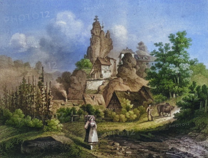 The Felsburg in Tüchersfeld. around 1850. Franconian Switzerland. Bayreuth district. Upper Franconia. Bavaria. Germany. digitally enhanced reproduction from a 19th-century original. colored. historical. exact date unknown