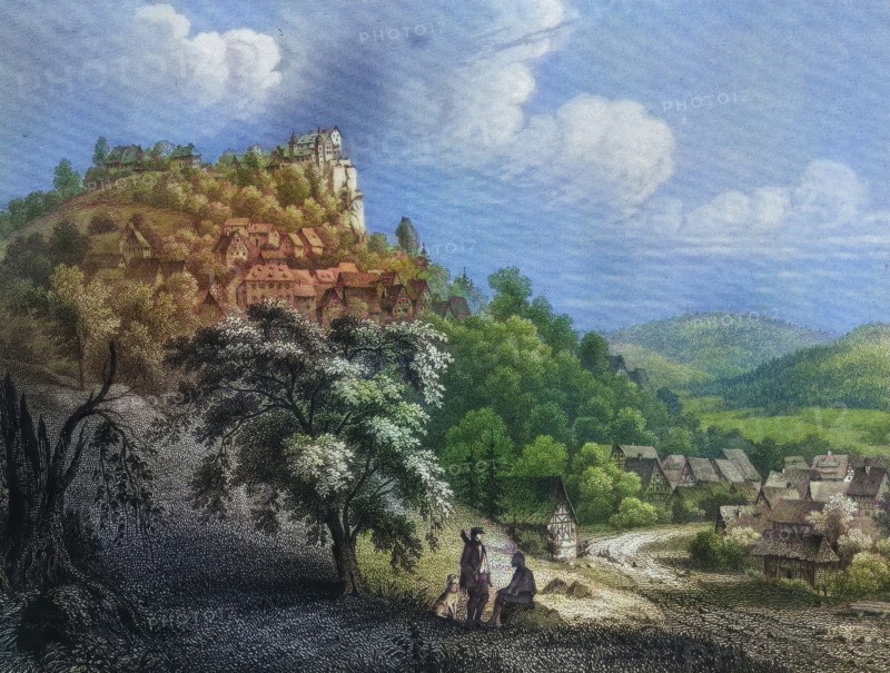 Eggloffstein Castle and Village around 1850. climatic health resort. Franconian Switzerland. Forchheim District. Upper Franconia. Bavaria. Germany. digitally enhanced reproduction from a 19th-century original. colored. historical. exact date unknown